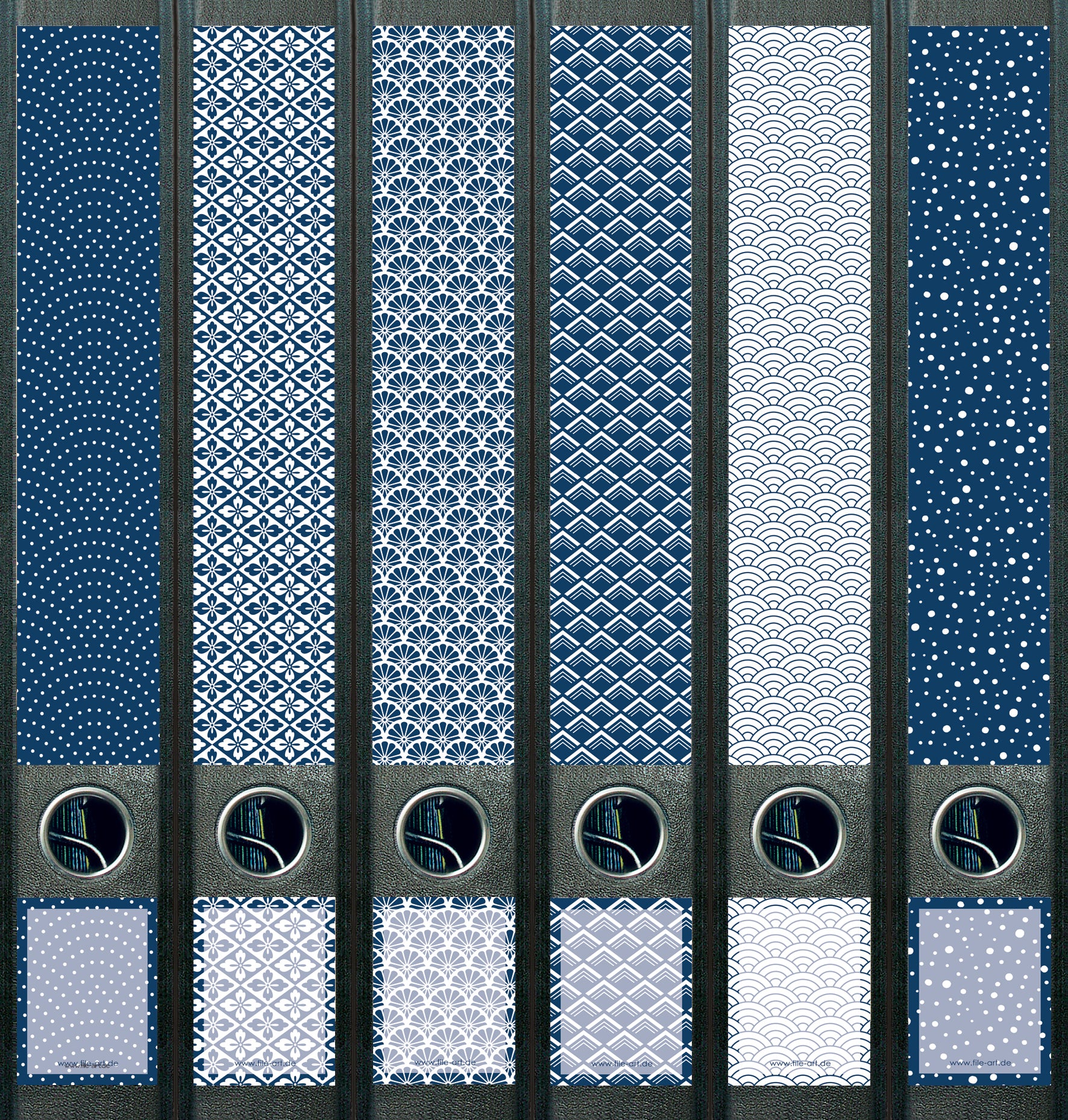 file art 6er -Ordnerrücken-Etiketten-Set "Blue Pattern/6" für 5 cm Ordner -NEU- Punkt & Strich