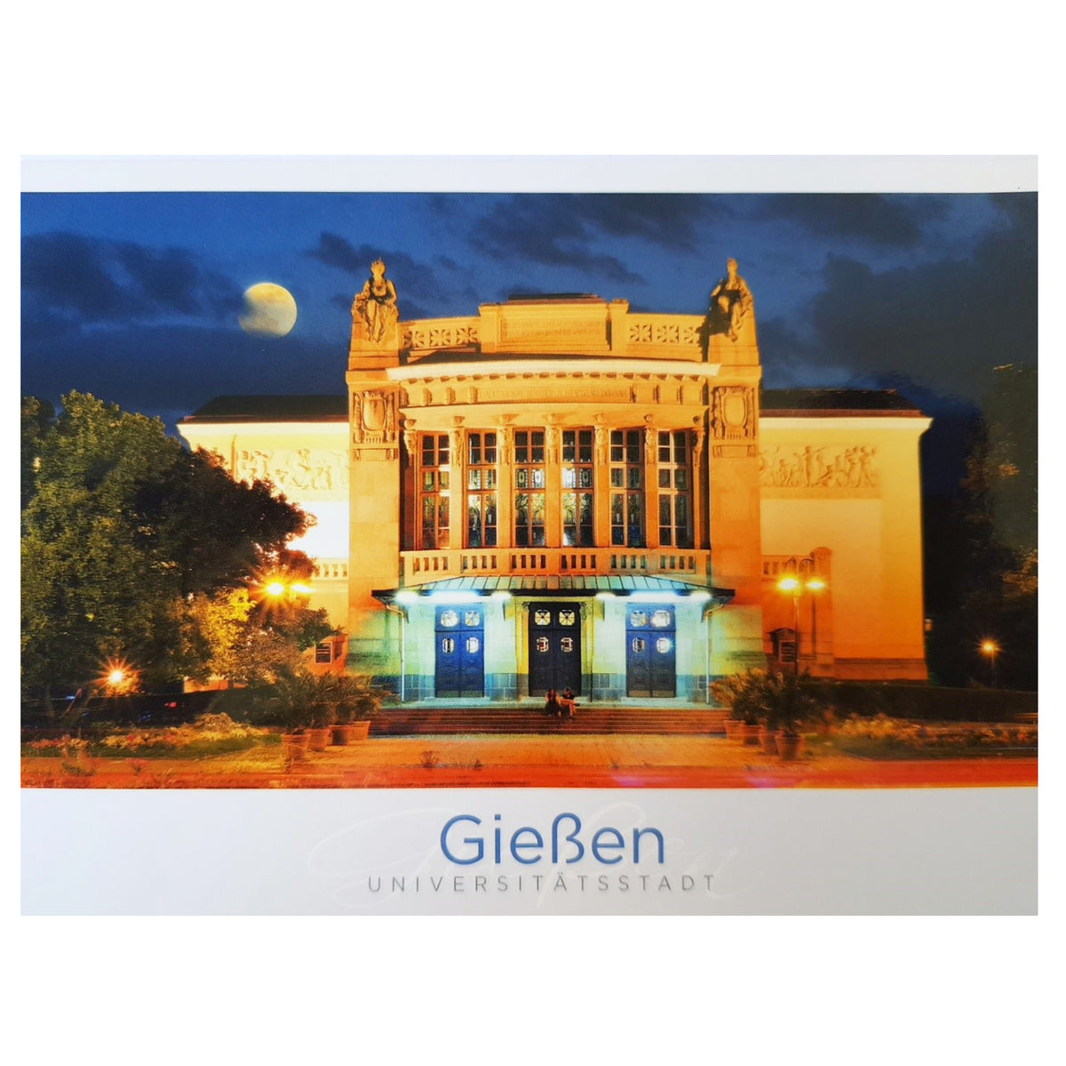 Postkarte &quot;Gießen Universitätsstadt - Stadttheater bei Nacht&quot;