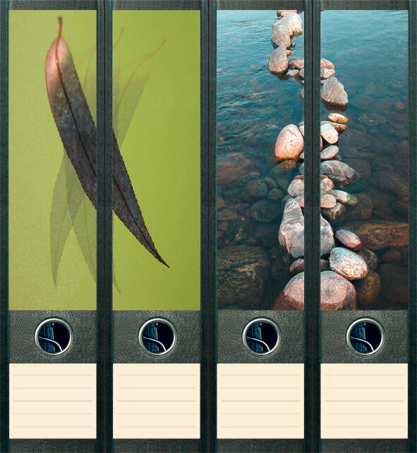 file art 4er-Ordnerrückenetiketten-Set &quot;Leaf &amp; Stones&quot; für 7,5 und 8 cm Ordner