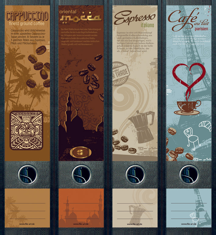 file art 4er-Ordnerrücken-Etiketten-Set &quot;World of Coffee&quot; für 7,5 und 8 cm Ordner