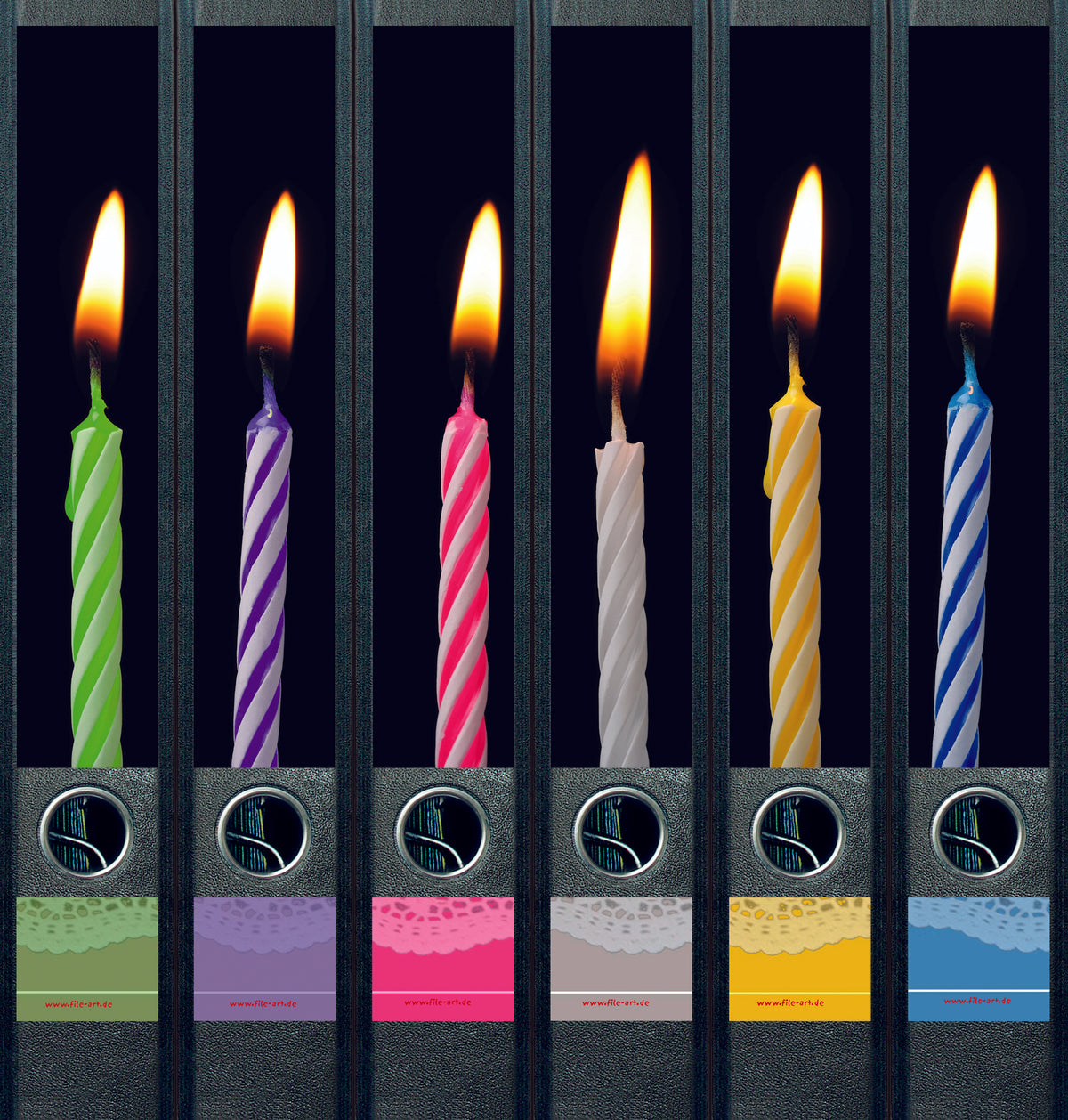 file art 6er-Ordnerrücken-Etiketten-Set &quot;Birthday Candles/6&quot; für 5 cm Ordner