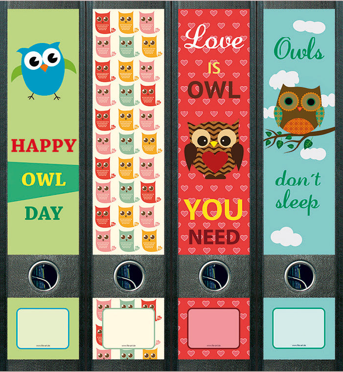 file art 4er-Ordnerrücken-Etiketten-Set &quot;Owls&quot; für 7,5 und 8 cm Ordner