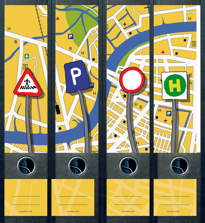 file art 4er-Ordnerrücken-Etiketten-Set &quot;Map 1 / crosswalk&quot; für 7,5 und 8 cm Ordner